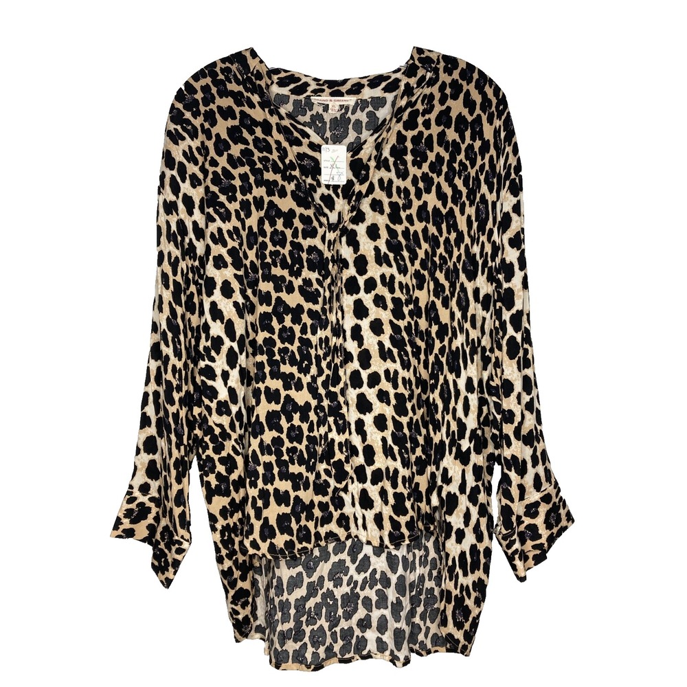 GRAND & GREENE Blouse Women XL Animal Print V-Neck Tie Hi Lo Hem 3/4 Sleeve